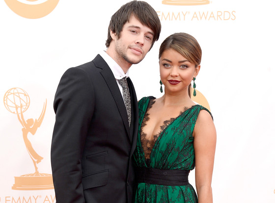 Sarah Hyland posing on Emmy Awards red carpet with her then-boyfriend, Matthew Prokop